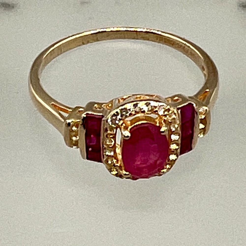 18k Gold Over 925. Synthetic Ruby & Diamond Sterling Silver Ring Size10